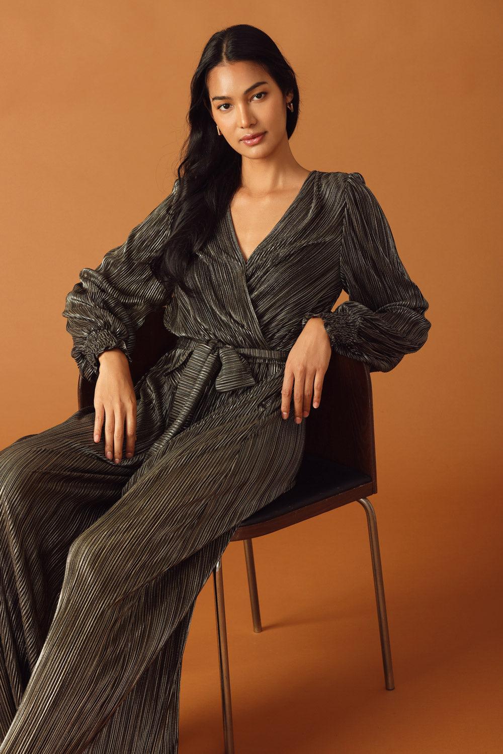 Moments of Clarity Woven Jumpsuit in black gold, view 6 — Soul Flow Apparel