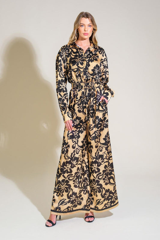 Midnight Oasis Woven Jumpsuit in black taupe, view 1 — Soul Flow Apparel