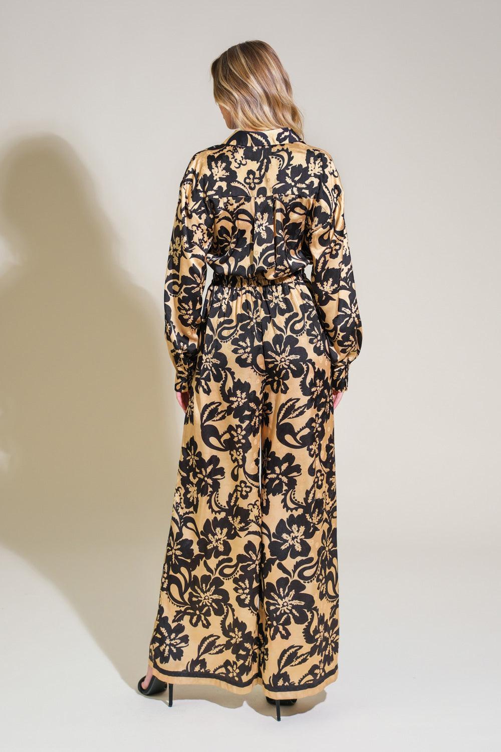 Midnight Oasis Woven Jumpsuit in black taupe, view 2 — Soul Flow Apparel