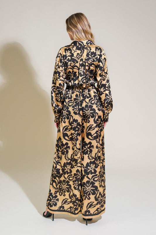Midnight Oasis Woven Jumpsuit in black taupe, view 2 — Soul Flow Apparel