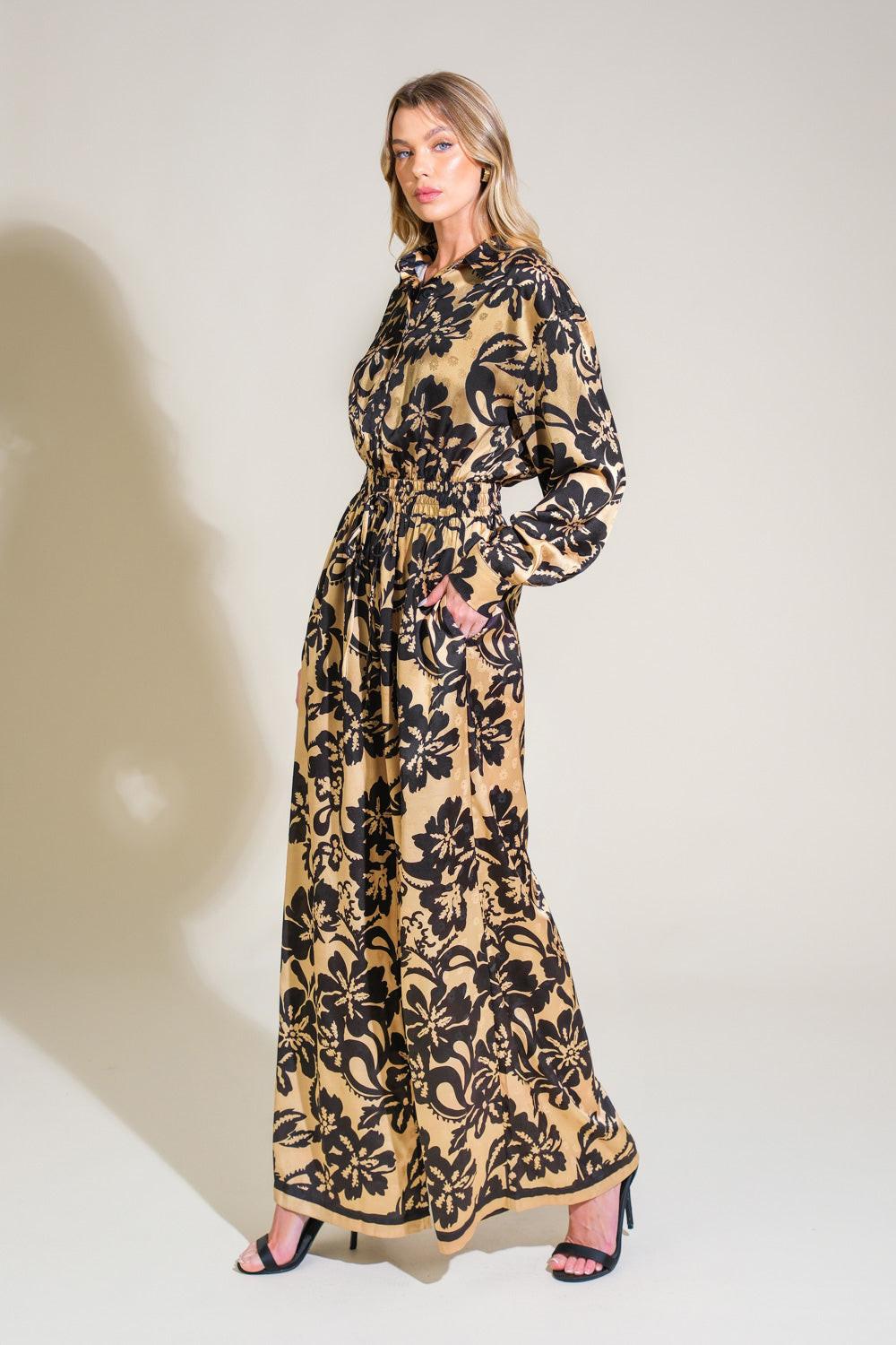 Midnight Oasis Woven Jumpsuit in black taupe, view 3 — Soul Flow Apparel