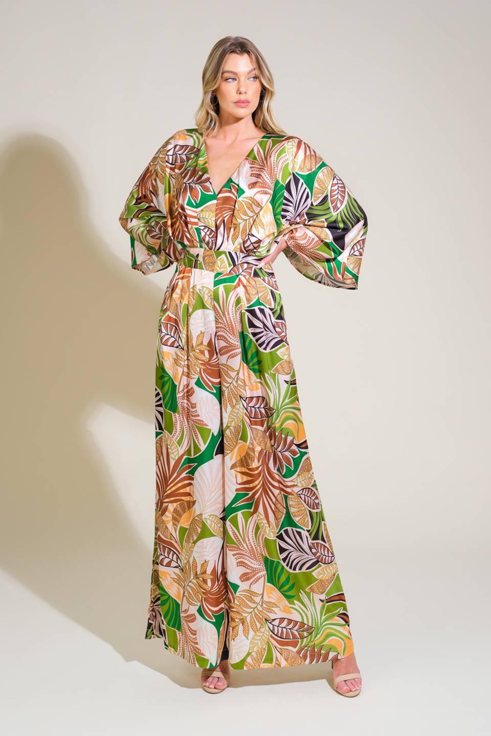 Ripple Effect Woven Jumpsuit in green brown, view 1 — Soul Flow Apparel