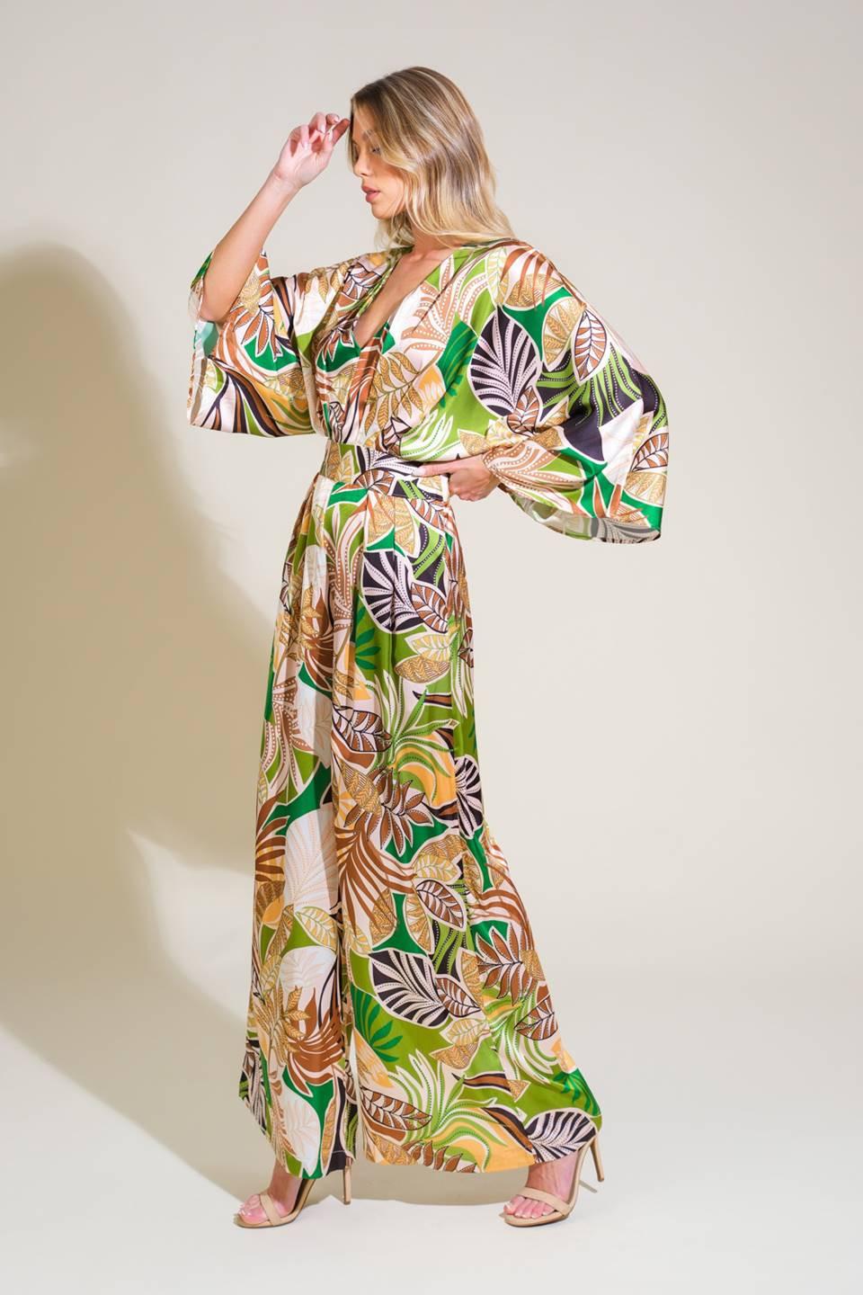 Ripple Effect Woven Jumpsuit in green brown, view 3 — Soul Flow Apparel