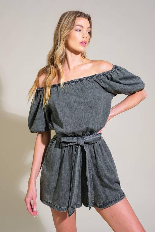Tiny Temptations Denim Romper in washed black, view 1 — Soul Flow Apparel