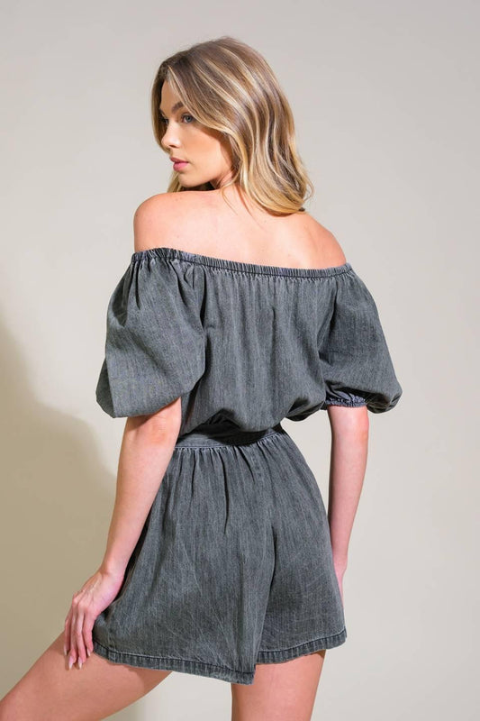 Tiny Temptations Denim Romper in washed black, view 2 — Soul Flow Apparel