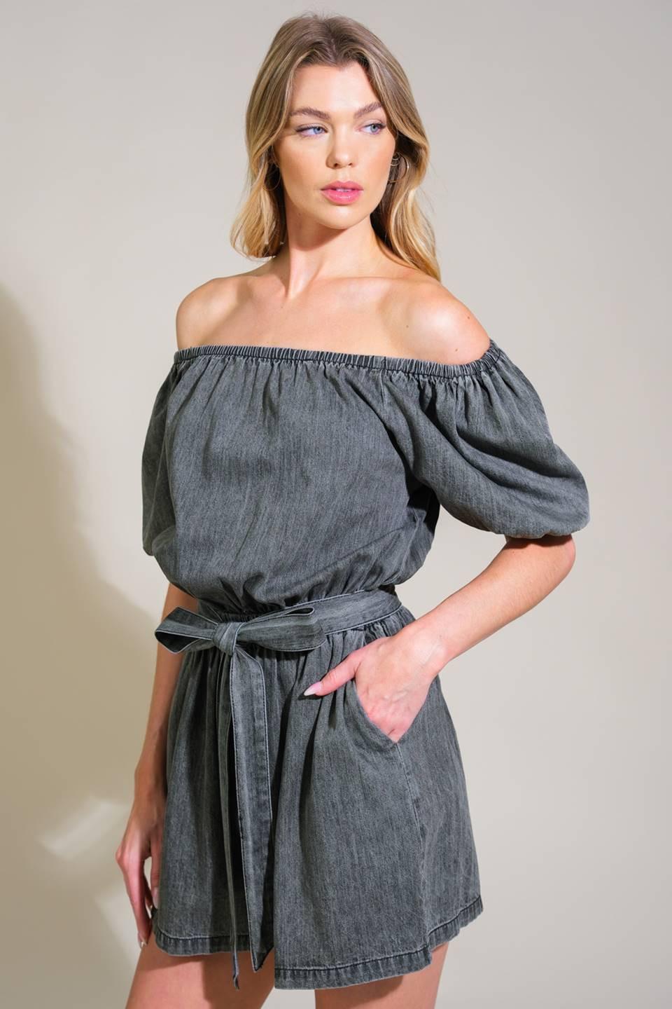 Tiny Temptations Denim Romper in washed black, view 3 — Soul Flow Apparel