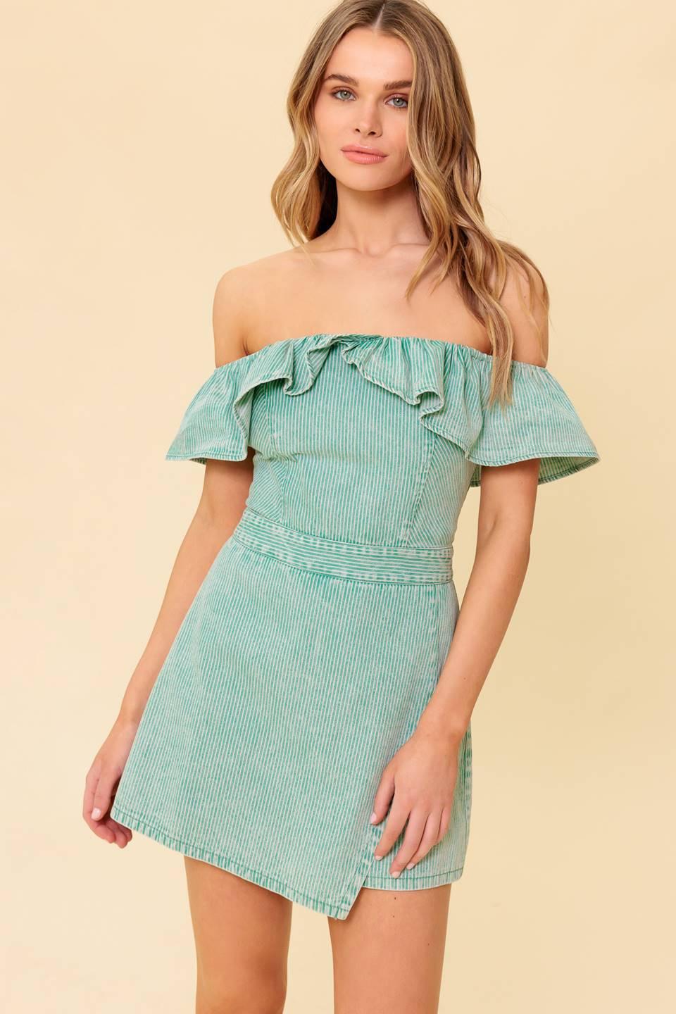Yours to Keep Navy Woven Romper in green acid, view 1 — Soul Flow Apparel