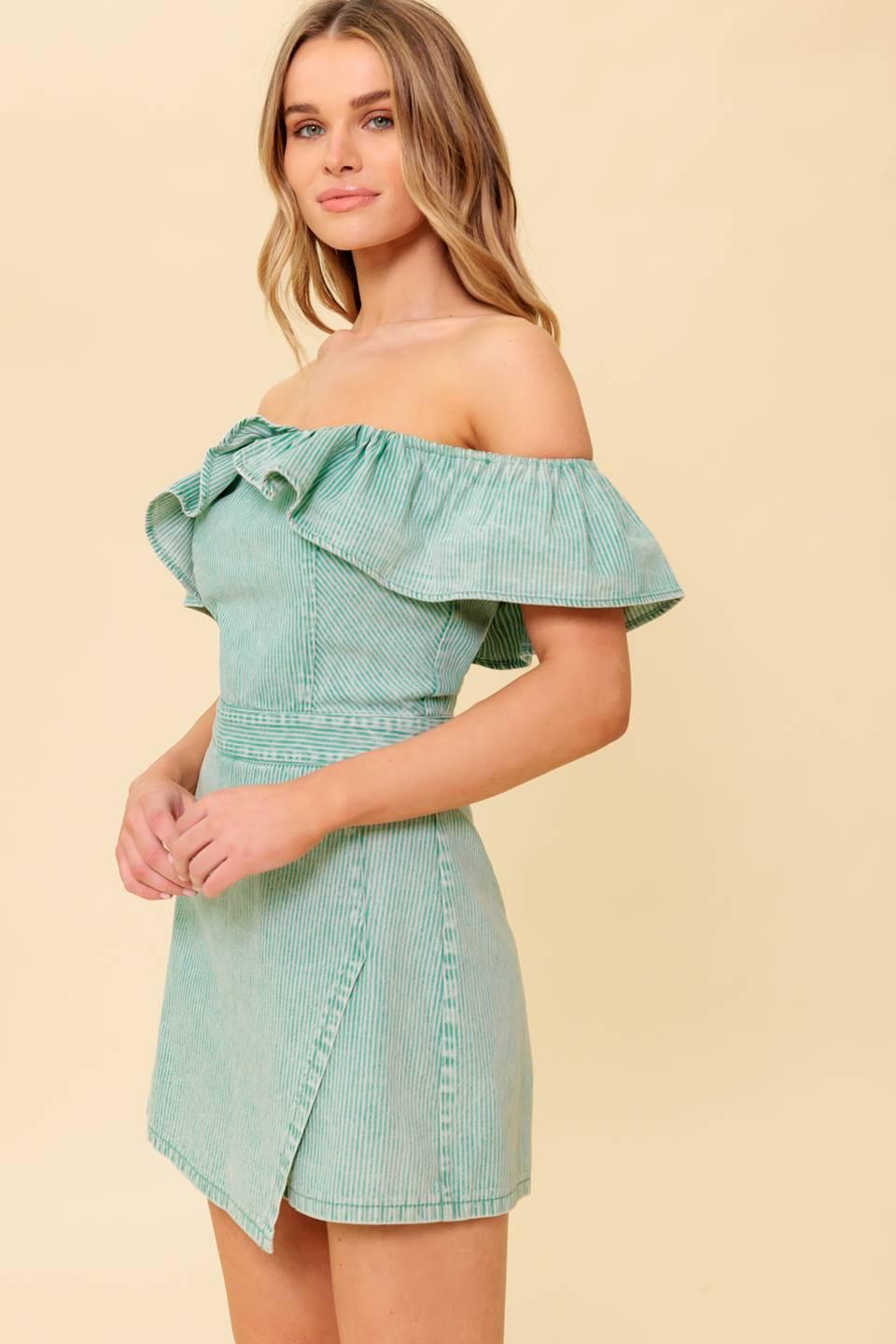 Yours to Keep Navy Woven Romper in green acid, view 3 — Soul Flow Apparel