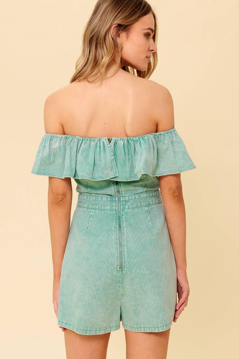 Yours to Keep Navy Woven Romper in green acid, view 6 — Soul Flow Apparel