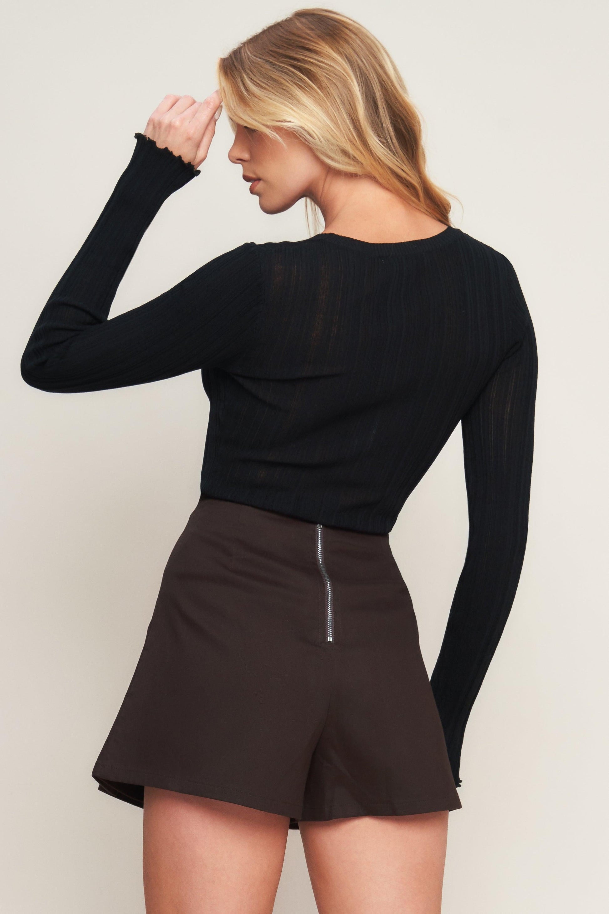Serene Chicness Woven Skort in dark brown, view 5 — Soul Flow Apparel