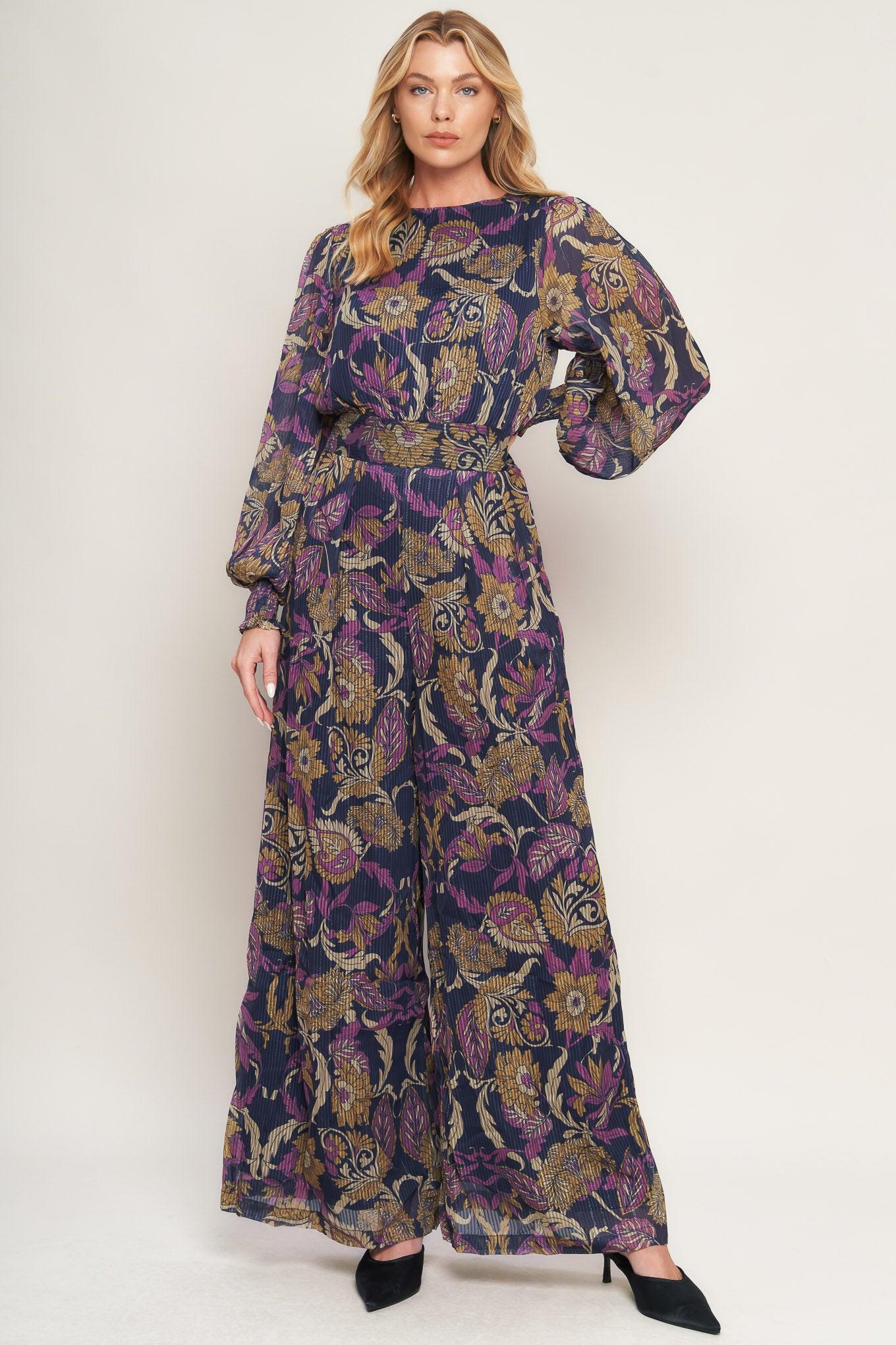 Whispering Pines Woven Jumpsuit in navy, view 1 — Soul Flow Apparel