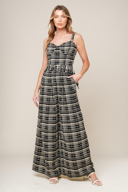 Sand Dune Woven Plaid Jumpsuit in black, view 1 — Soul Flow Apparel