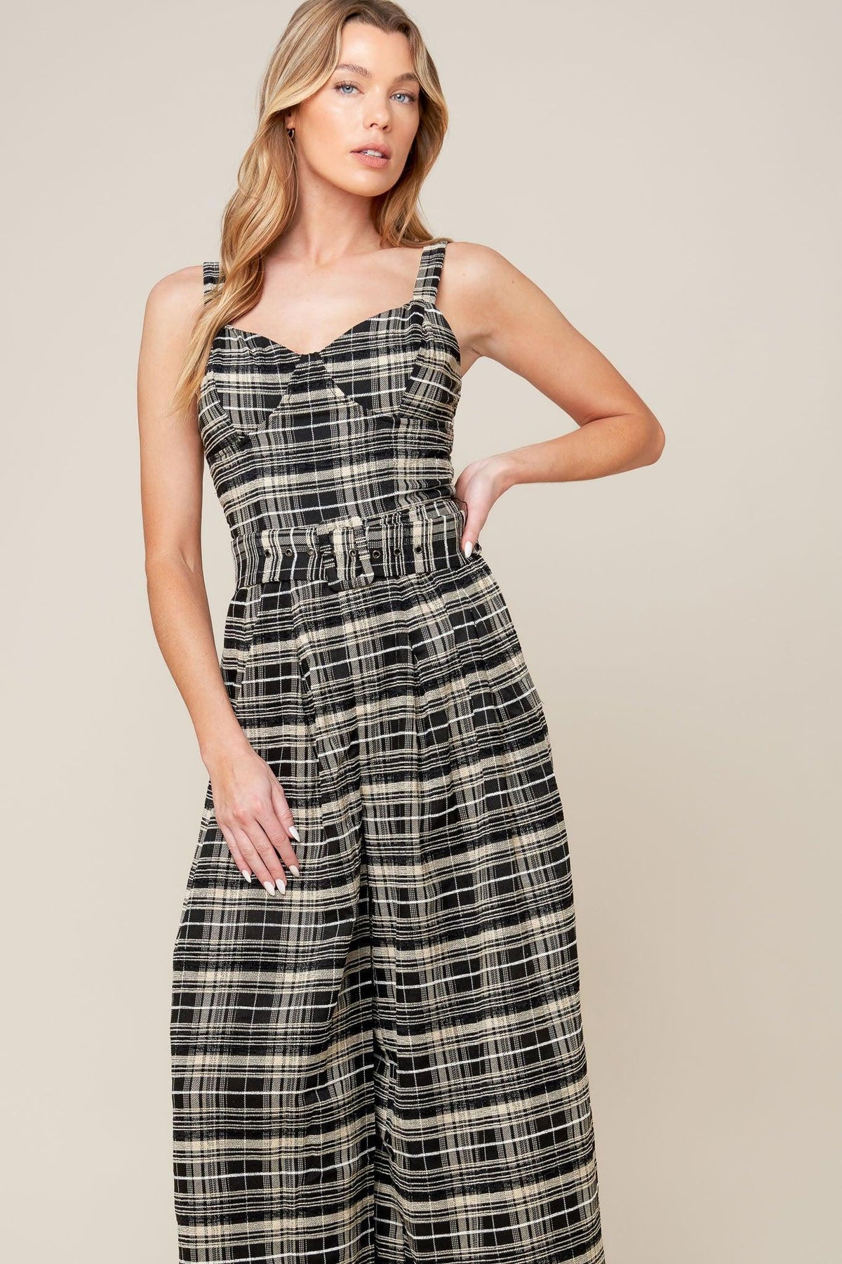 Sand Dune Woven Plaid Jumpsuit in black, view 2 — Soul Flow Apparel