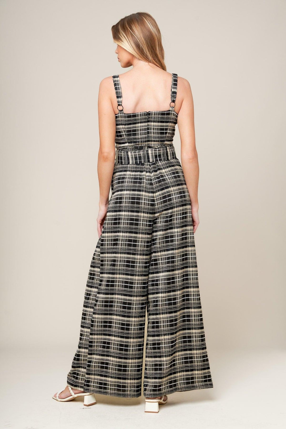 Sand Dune Woven Plaid Jumpsuit in black, view 6 — Soul Flow Apparel