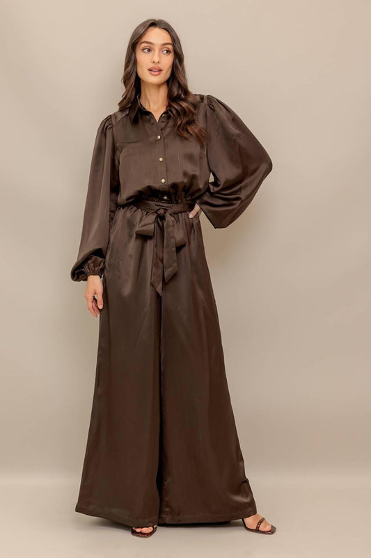 Sugar Brownie Woven Jumpsuit in brown, view 1 — Soul Flow Apparel