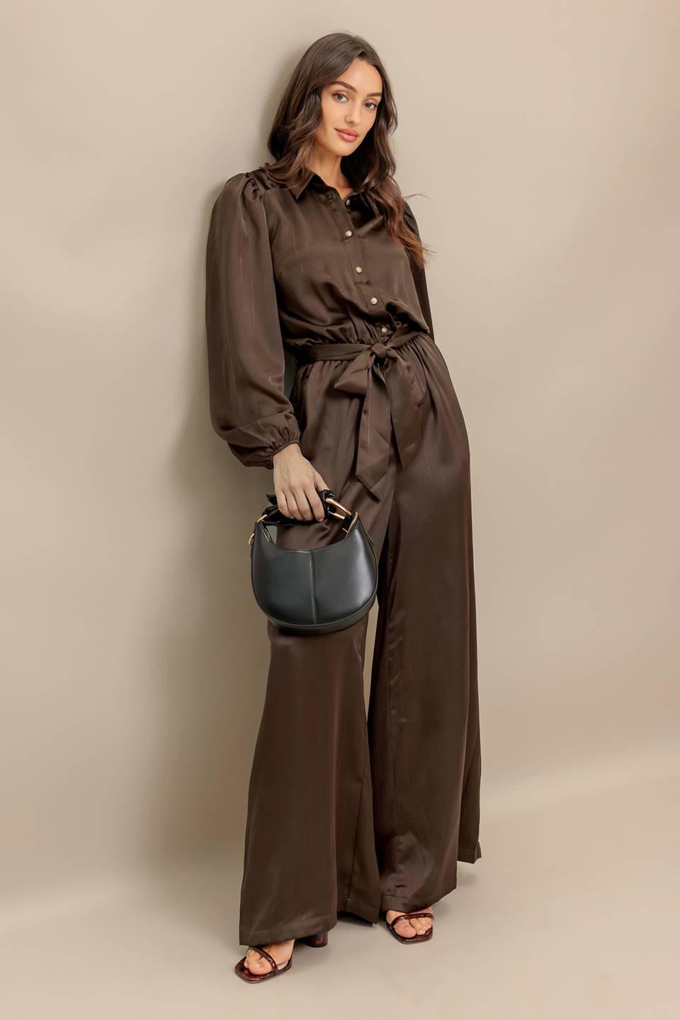 Sugar Brownie Woven Jumpsuit in brown, view 3 — Soul Flow Apparel
