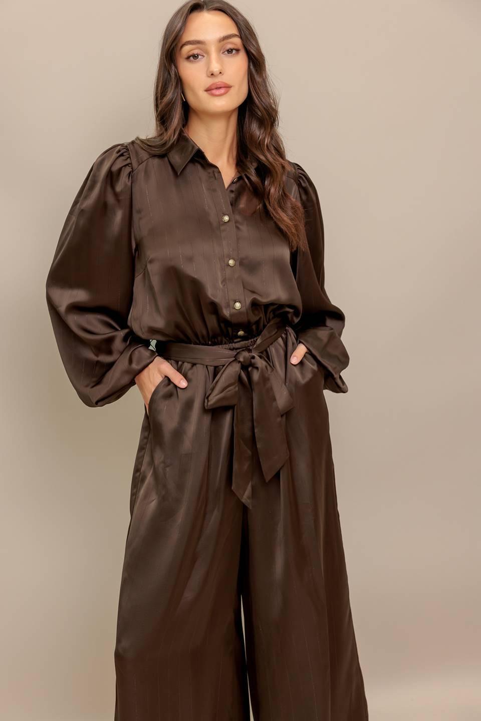 Sugar Brownie Woven Jumpsuit in brown, view 4 — Soul Flow Apparel