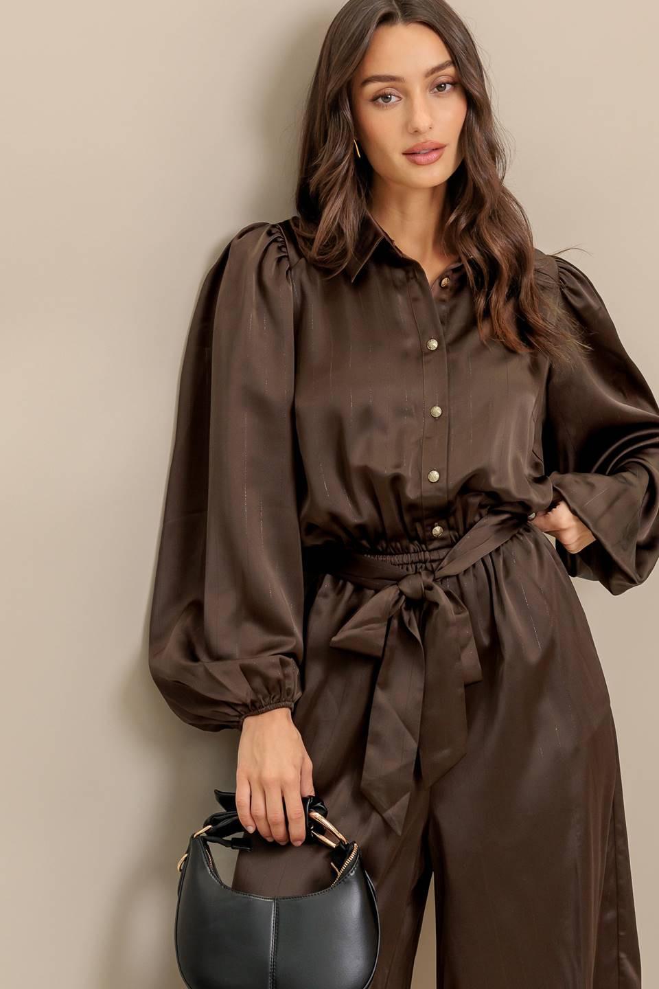 Sugar Brownie Woven Jumpsuit in brown, view 6 — Soul Flow Apparel