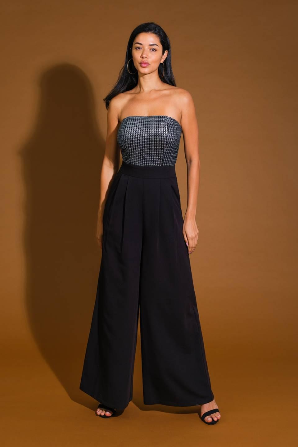 Glimpse of Grace Woven Jumpsuit in black silver, view 1 — Soul Flow Apparel