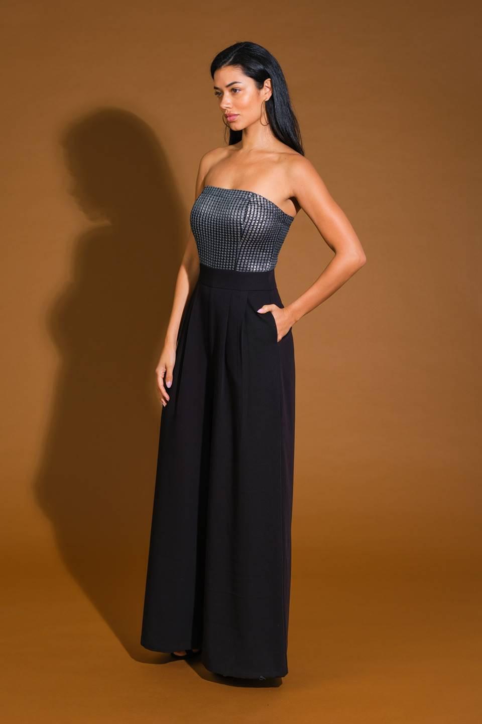 Glimpse of Grace Woven Jumpsuit in black silver, view 3 — Soul Flow Apparel