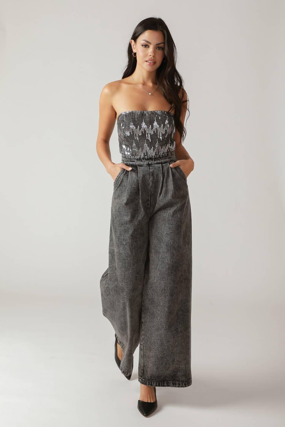 Delicate Touch Denim Jumpsuit in washed black, view 2 — Soul Flow Apparel