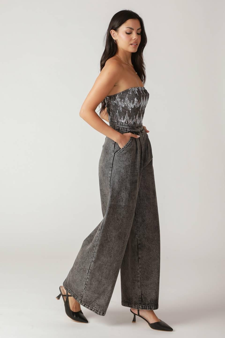 Delicate Touch Denim Jumpsuit in washed black, view 3 — Soul Flow Apparel