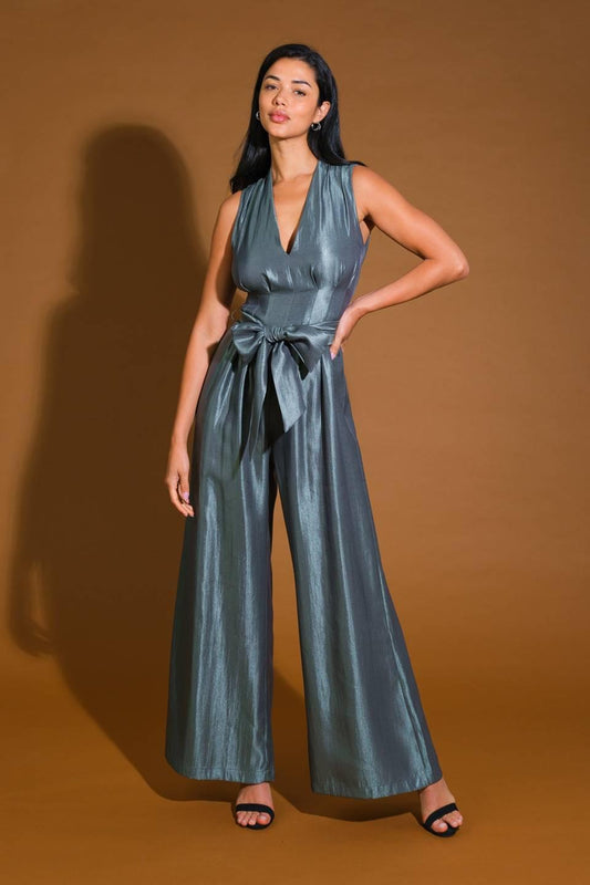 Romance in Love Woven Jumpsuit in deep sage, view 1 — Soul Flow Apparel