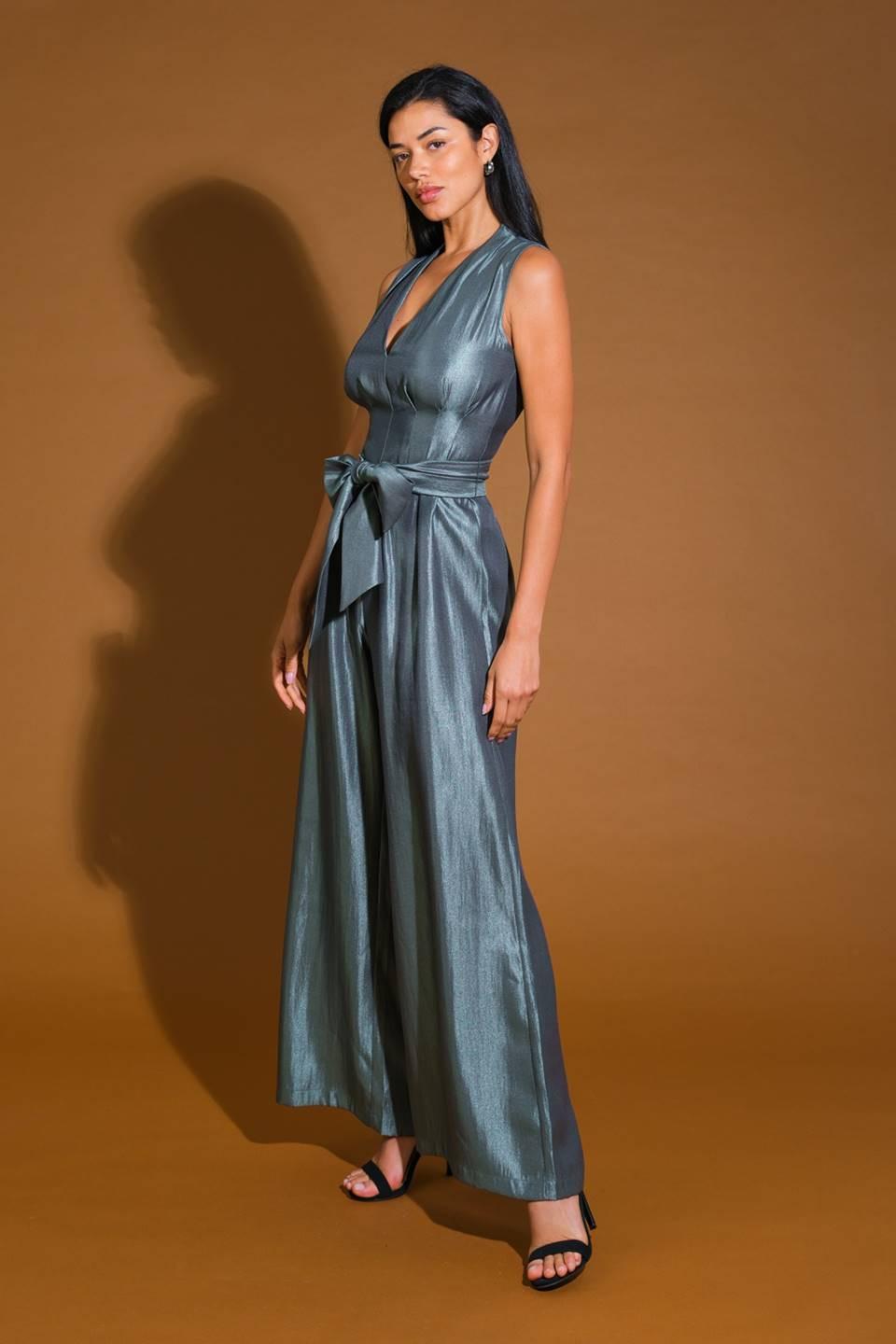 Romance in Love Woven Jumpsuit in deep sage, view 3 — Soul Flow Apparel