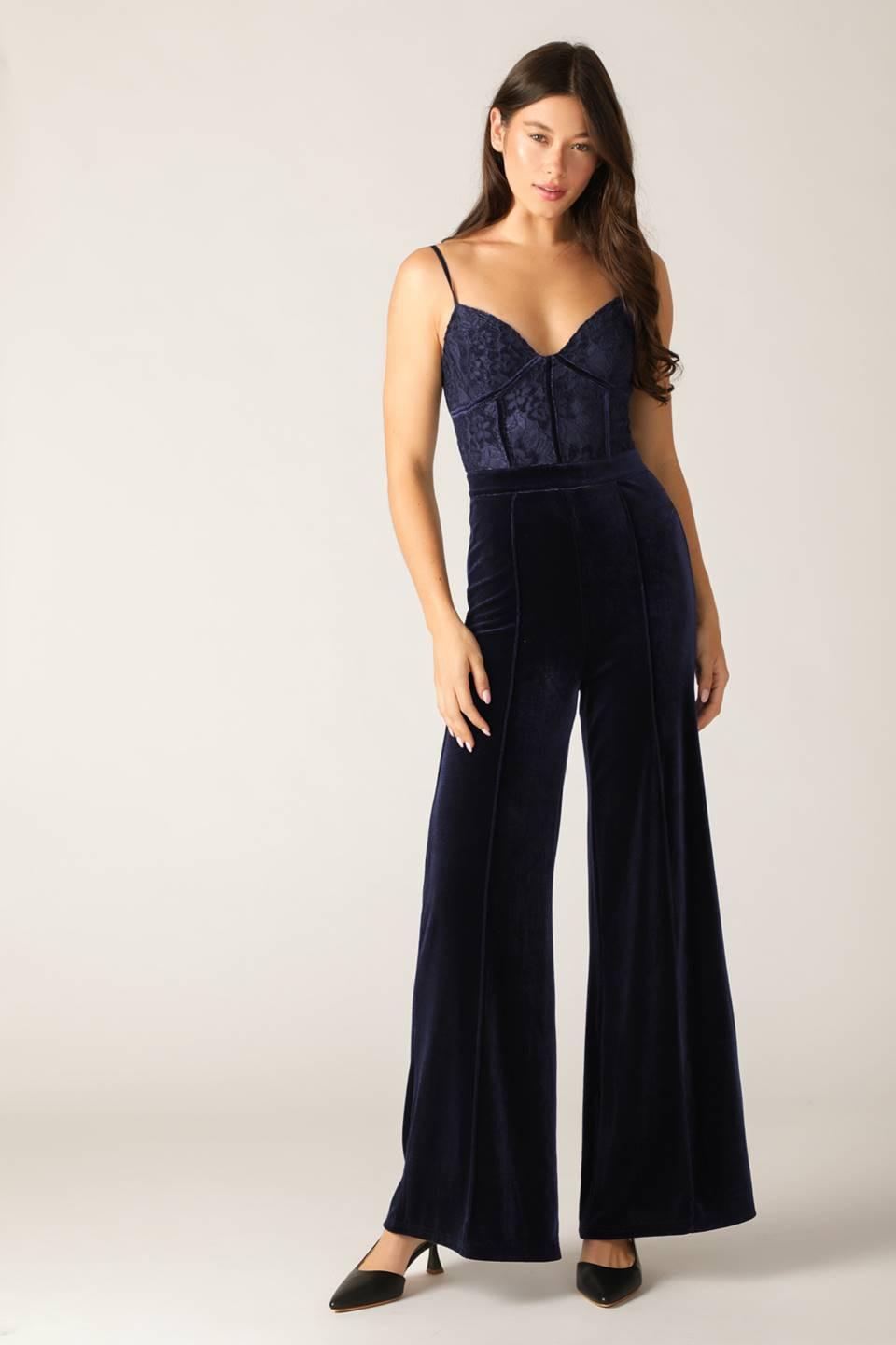 Gleaming Glam Woven Lace Velvet Jumpsuit in navy, view 1 — Soul Flow Apparel