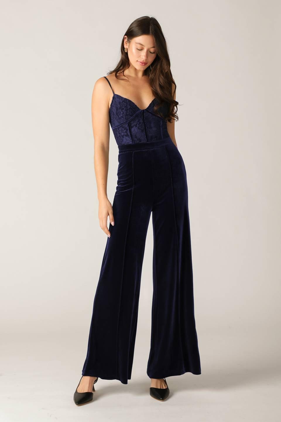 Gleaming Glam Woven Lace Velvet Jumpsuit in navy, view 2 — Soul Flow Apparel