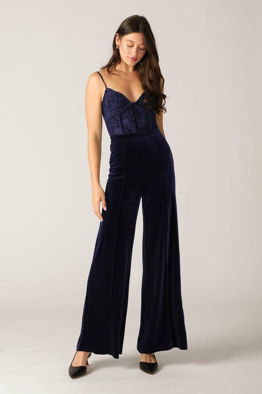 Gleaming Glam Woven Lace Velvet Jumpsuit in navy, view 2 — Soul Flow Apparel
