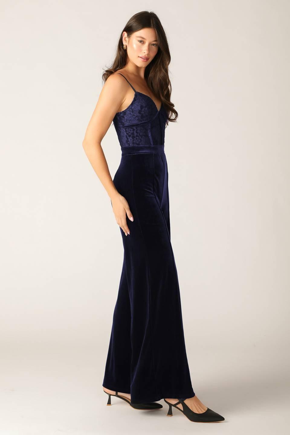 Gleaming Glam Woven Lace Velvet Jumpsuit in navy, view 4 — Soul Flow Apparel