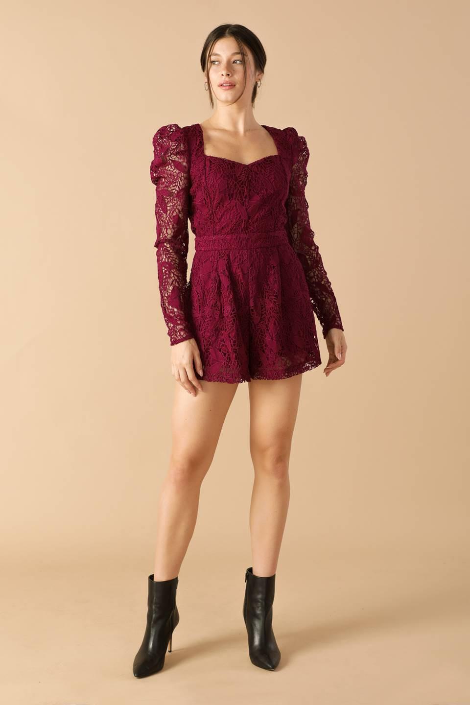 Days Go By Lace Woven Romper in ruby, view 1 — Soul Flow Apparel