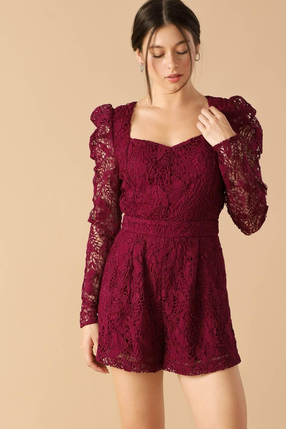 Days Go By Lace Woven Romper in ruby, view 2 — Soul Flow Apparel