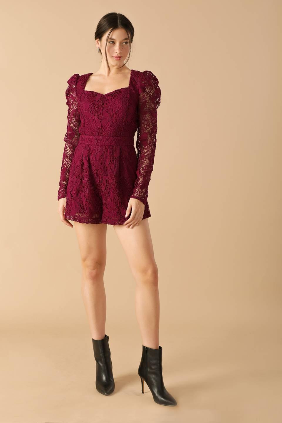 Days Go By Lace Woven Romper in ruby, view 3 — Soul Flow Apparel