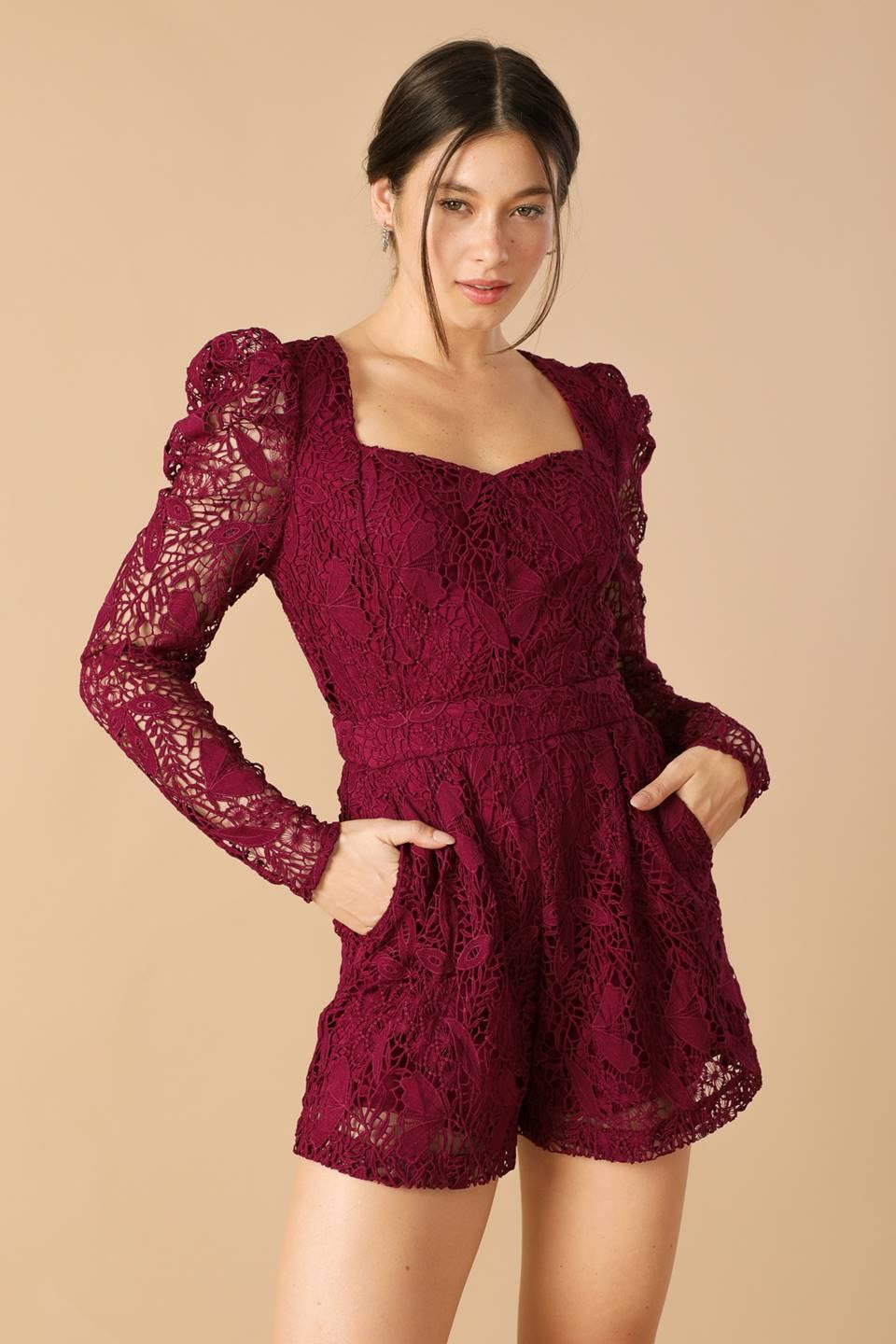 Days Go By Lace Woven Romper in ruby, view 4 — Soul Flow Apparel