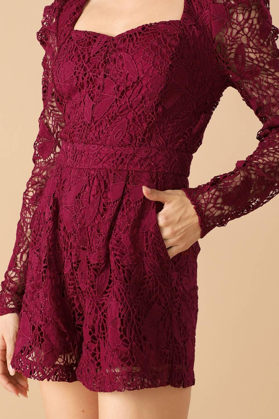 Days Go By Lace Woven Romper in ruby, view 5 — Soul Flow Apparel