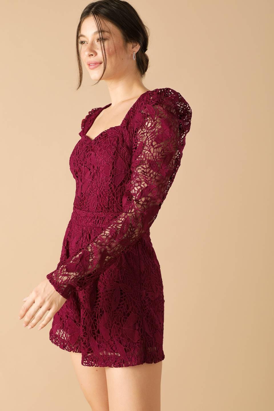 Days Go By Lace Woven Romper in ruby, view 6 — Soul Flow Apparel