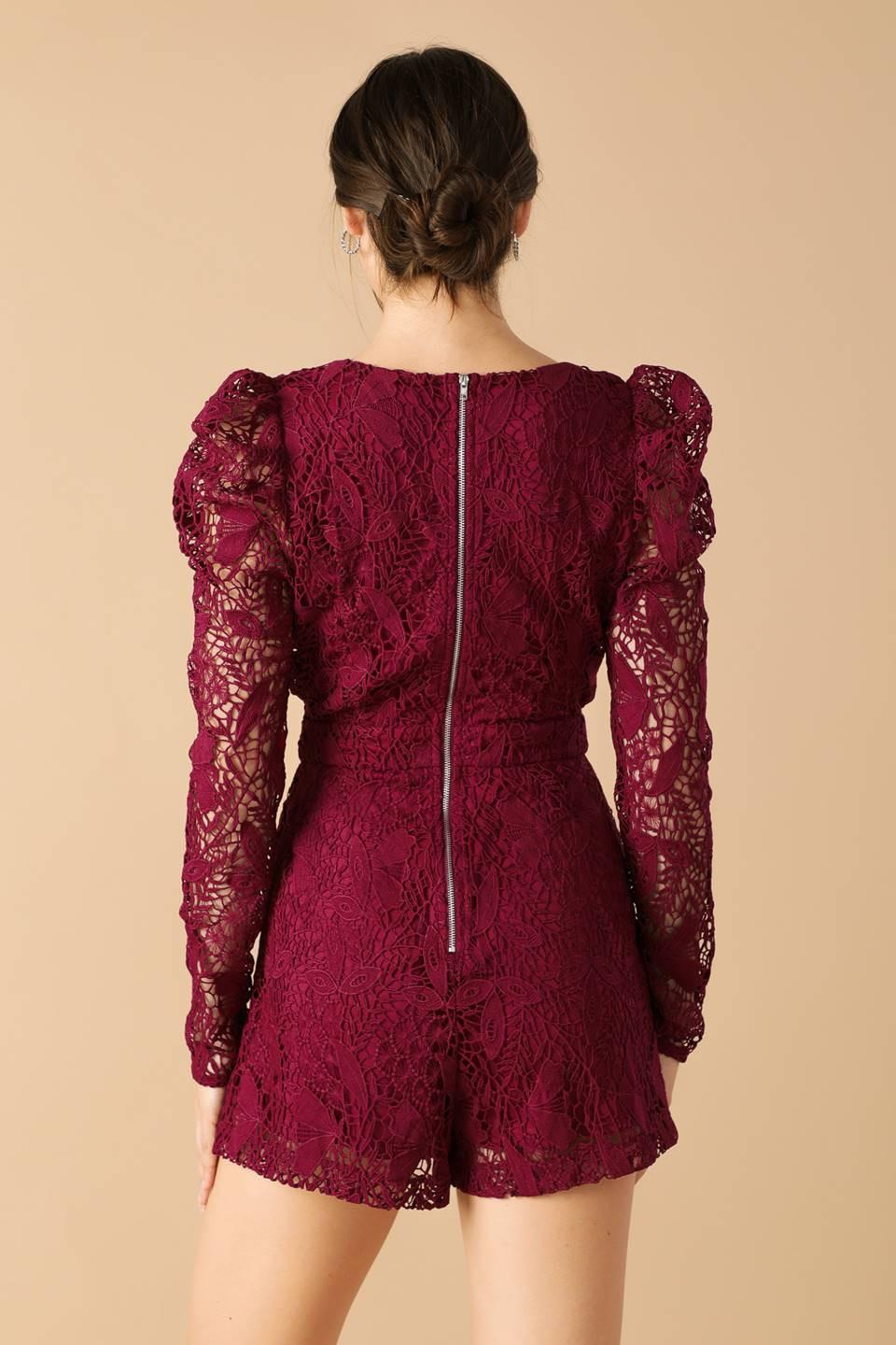 Days Go By Lace Woven Romper in ruby, view 7 — Soul Flow Apparel