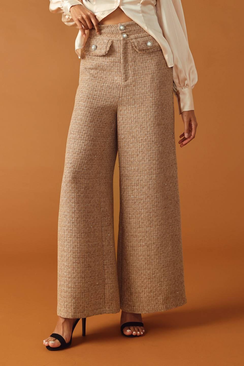 Threads of Destiny Tweed Pants in taupe, view 2 — Soul Flow Apparel