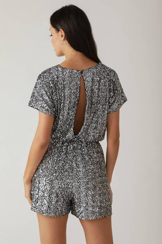 Time Flies Sequin Romper in silver, view 2 — Soul Flow Apparel