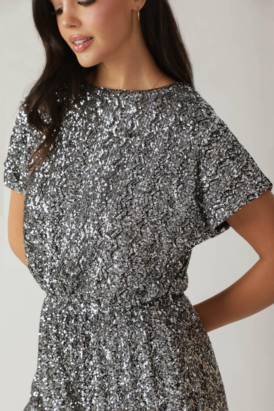 Time Flies Sequin Romper in silver, view 3 — Soul Flow Apparel