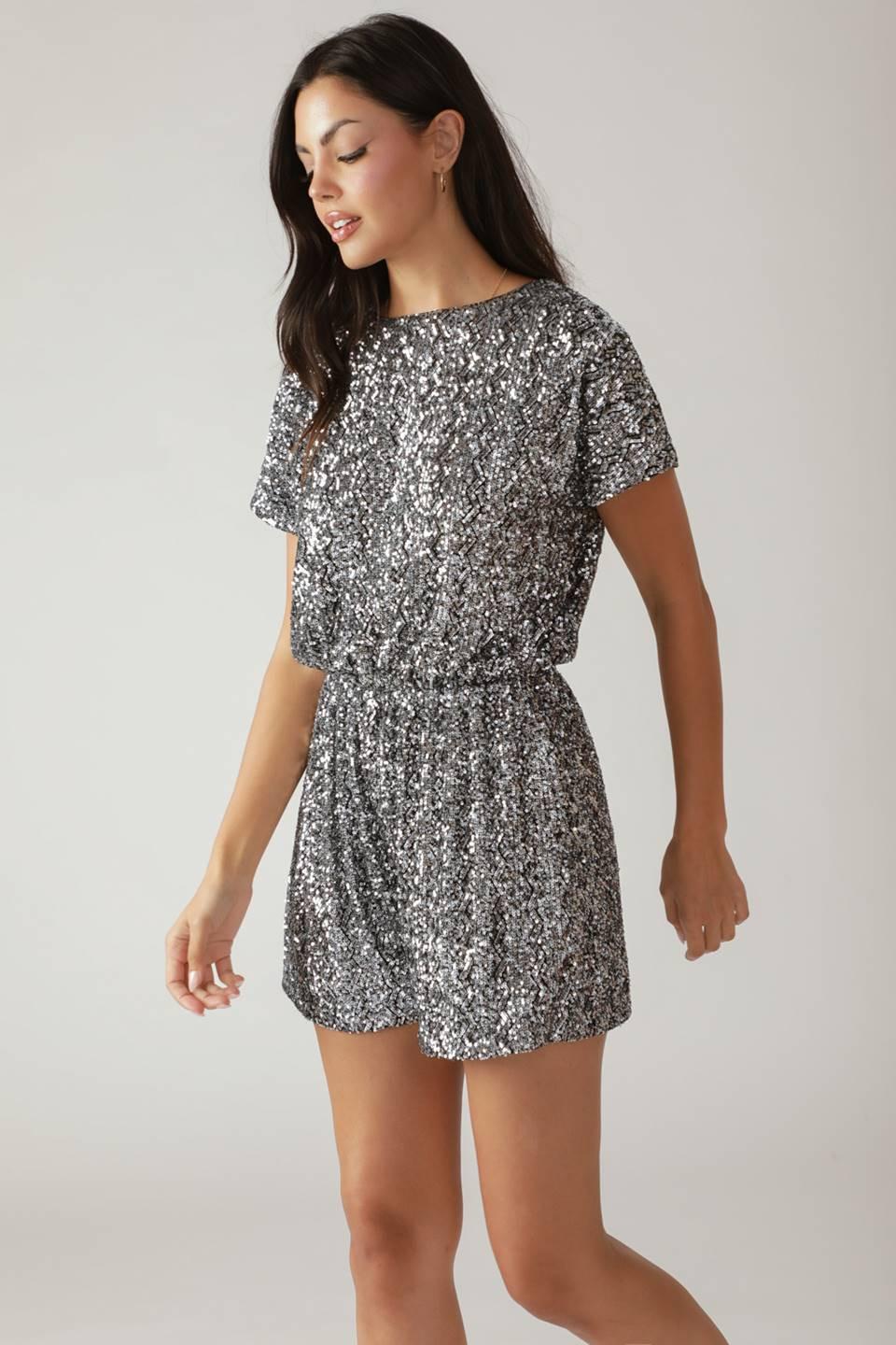 Time Flies Sequin Romper in silver, view 4 — Soul Flow Apparel