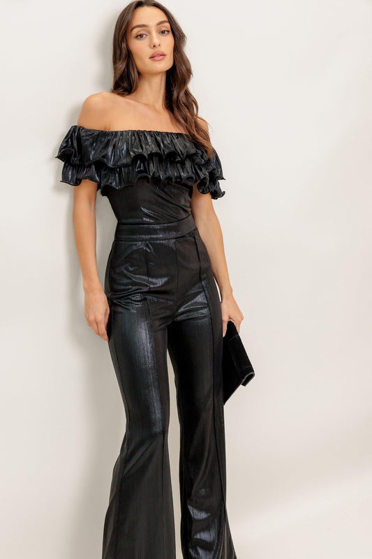 Angel Eyes Coated Woven Jumpsuit in black, view 8 — Soul Flow Apparel