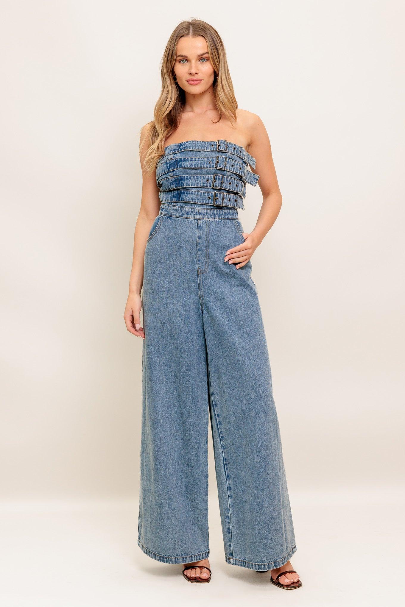 Urban Harness Denim Jumpsuit in medium, view 1 — Soul Flow Apparel
