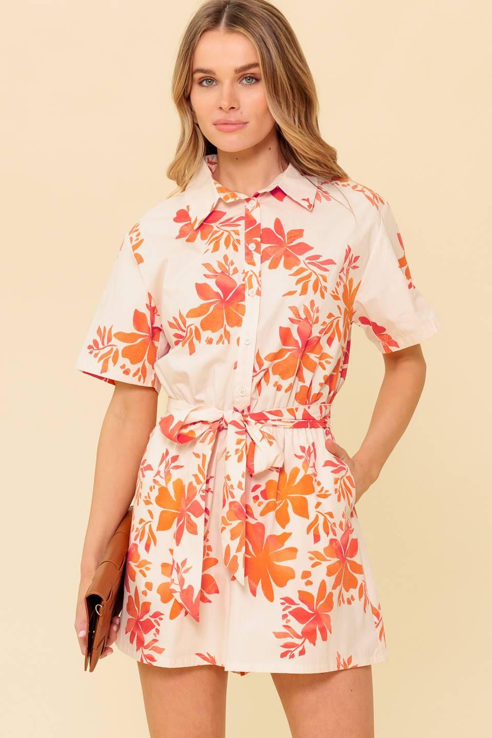 Southernmost Charm Woven Romper in off-white coral, view 1 — Soul Flow Apparel