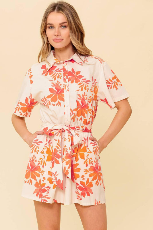 Southernmost Charm Woven Romper in off-white coral, view 2 — Soul Flow Apparel