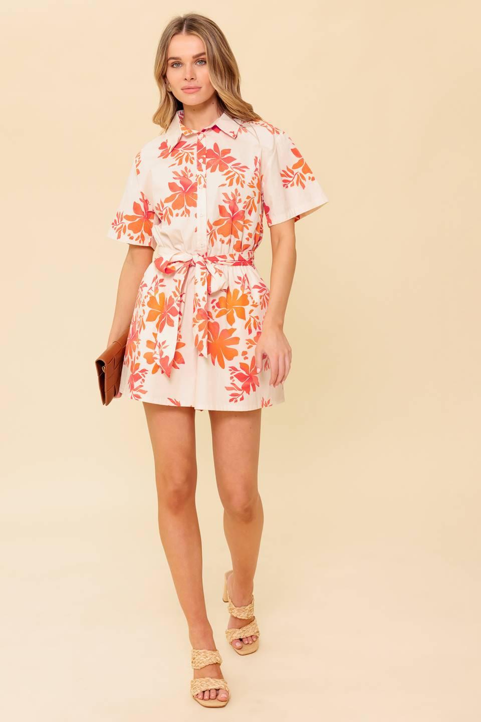 Southernmost Charm Woven Romper in off-white coral, view 3 — Soul Flow Apparel