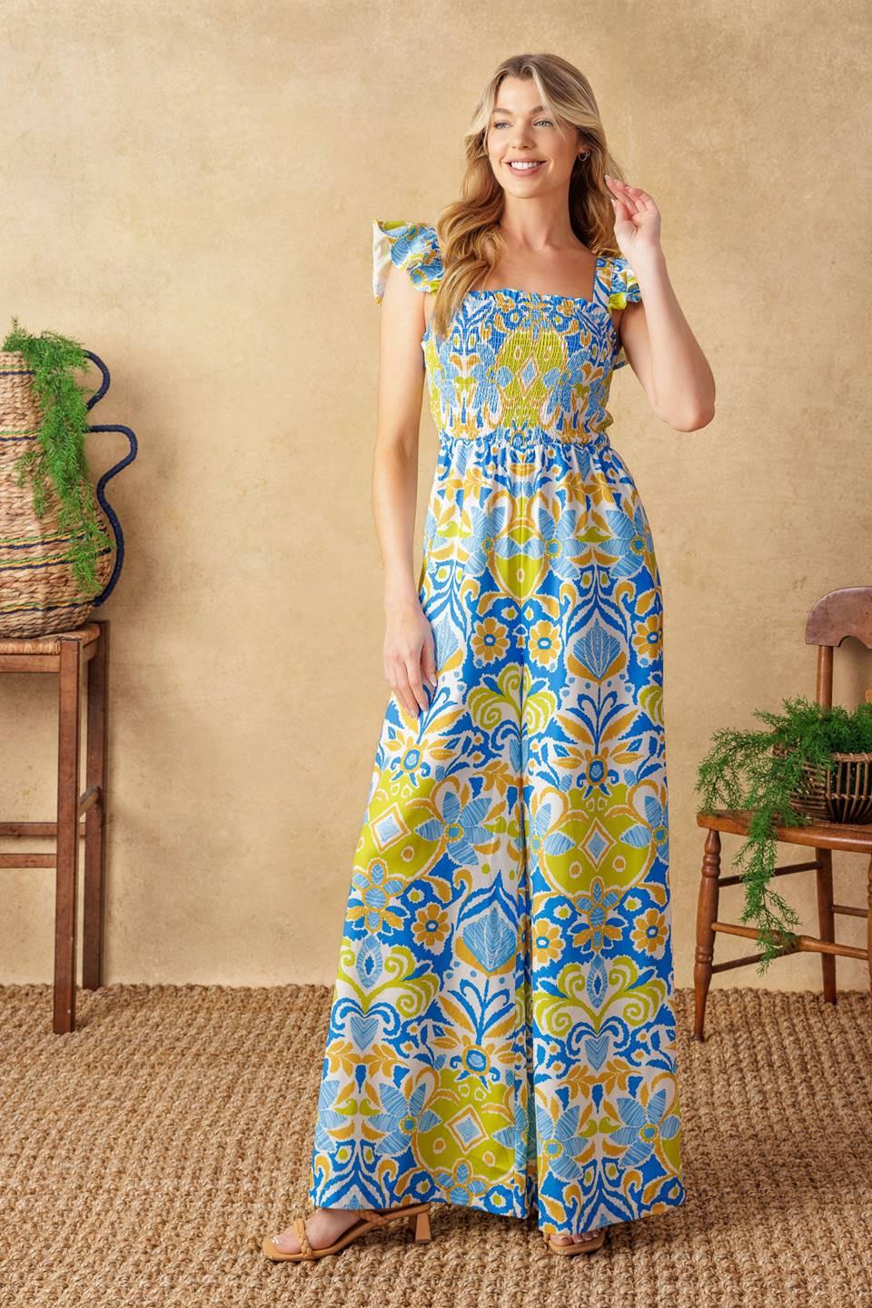 No Need to Worry Woven Jumpsuit in ivory blue, view 1 — Soul Flow Apparel
