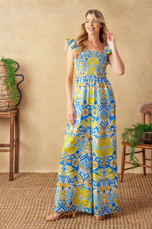 No Need to Worry Woven Jumpsuit in ivory blue, view 1 — Soul Flow Apparel